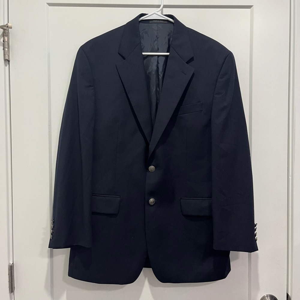 Michael Michael Kors Mens 40R Black 100% Wool Blazer Silver Crest Button Coat